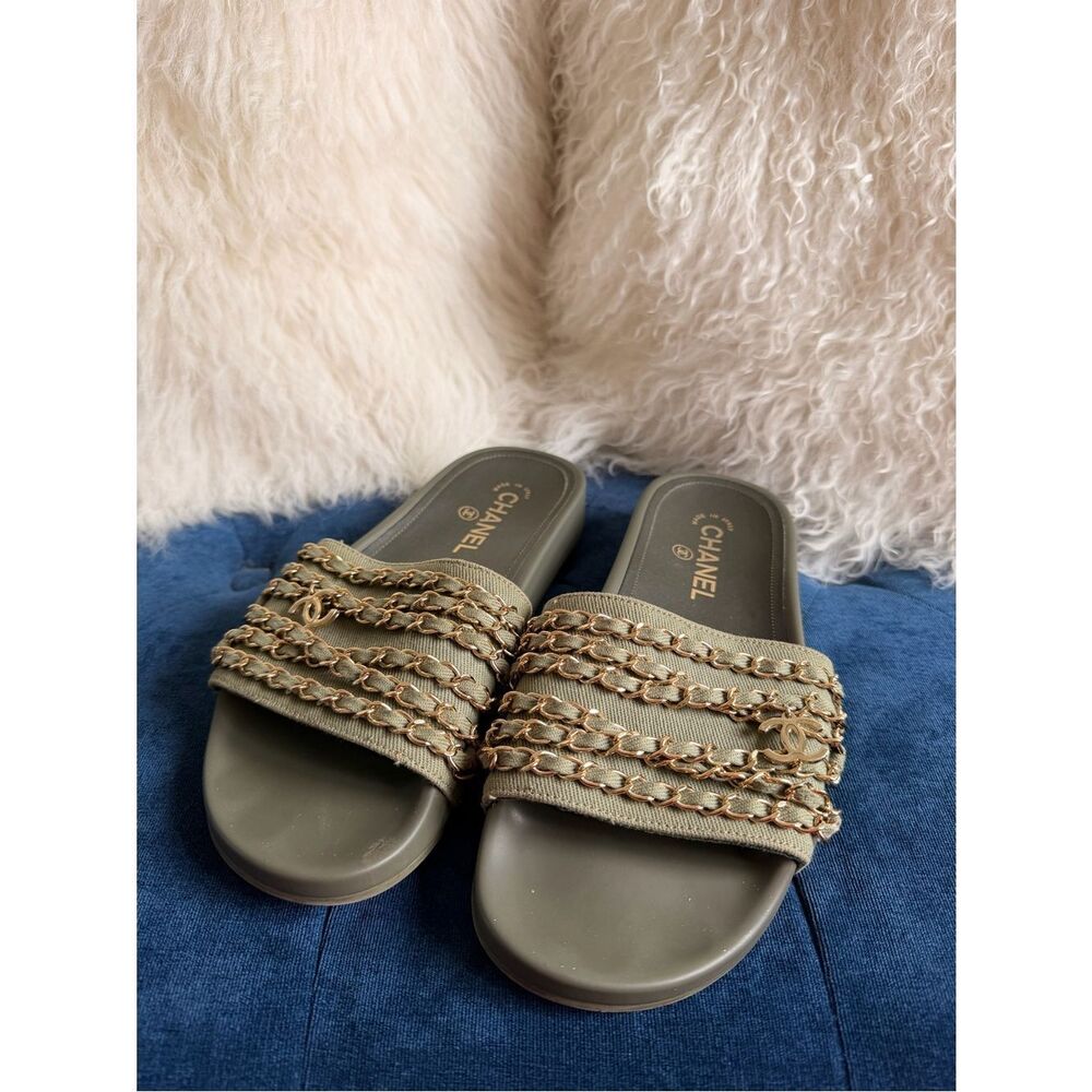 CHANEL Olive Green Chain-Embellished Slide Sandals